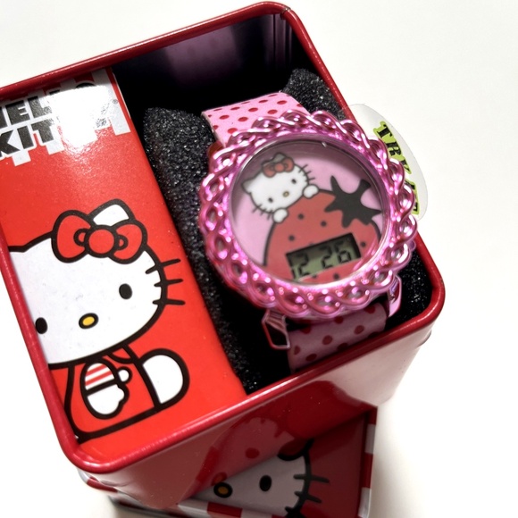 NWT Sanrio Hello Kitty Digital LCD Watch Pink Strawberry Polka Dot Tin Gift Box - Picture 4 of 4